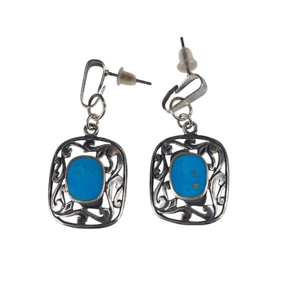 Unbranded Jewelry - VINTAGE STERLING SILVER BLUE TURQUOISE EARRINGS FINE SCROLL BORDER SQUARE SHAPE